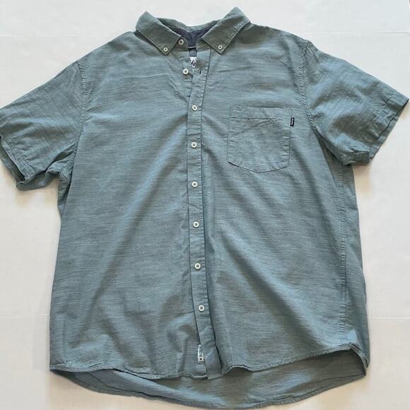 Hurley Essential Slub Cotton Short Sleeve Woven Button Down Shirt Blue/Green XXL - Picture 10 of 13